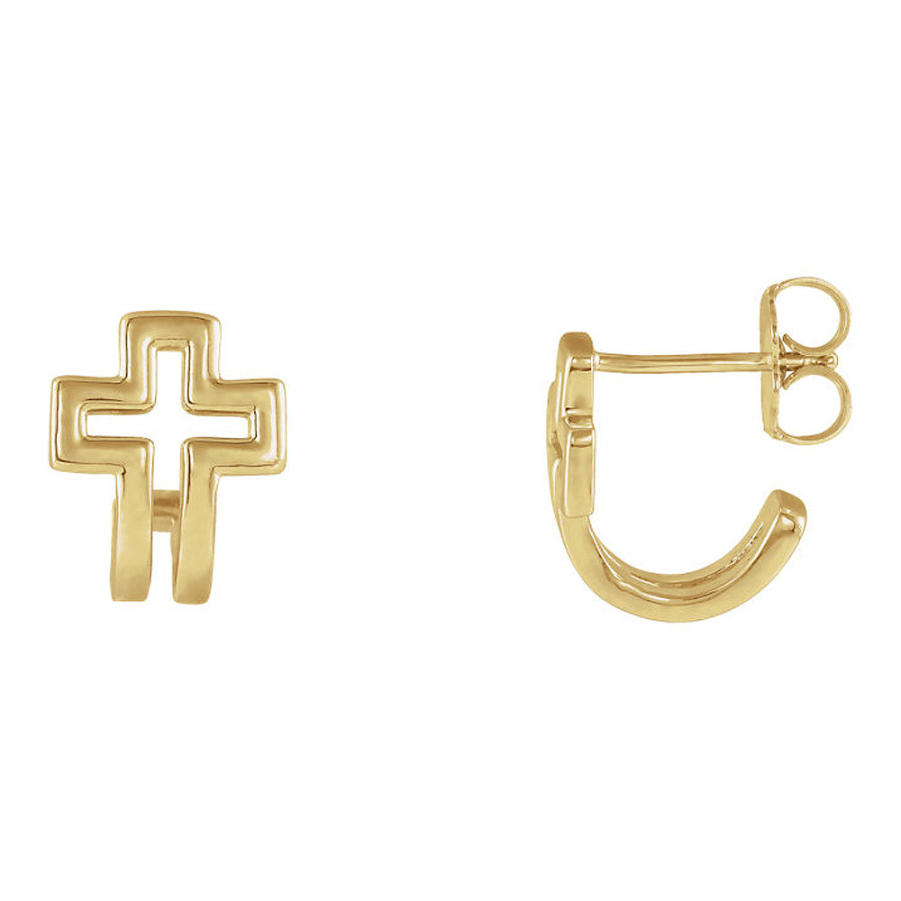9x11mm (3/8 x 7/16 Inch) 14k Yellow Gold Voided Cross J-Hoop Earrings, Item E17012 by The Black Bow Jewelry Co.