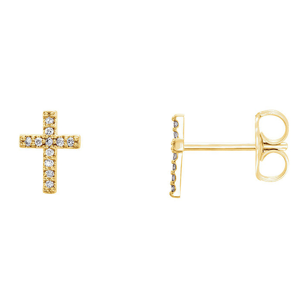 6 x 8mm 14k Yellow Gold .06 CTW (G-H, I1) Diamond Tiny Cross Earrings, Item E17024 by The Black Bow Jewelry Co.