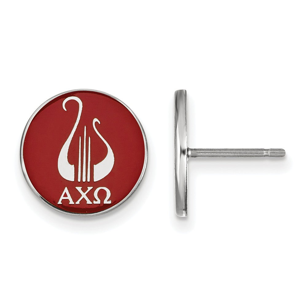Sterling Silver Alpha Chi Omega Red Enamel Logo Disc Post Earrings, Item E17051 by The Black Bow Jewelry Co.