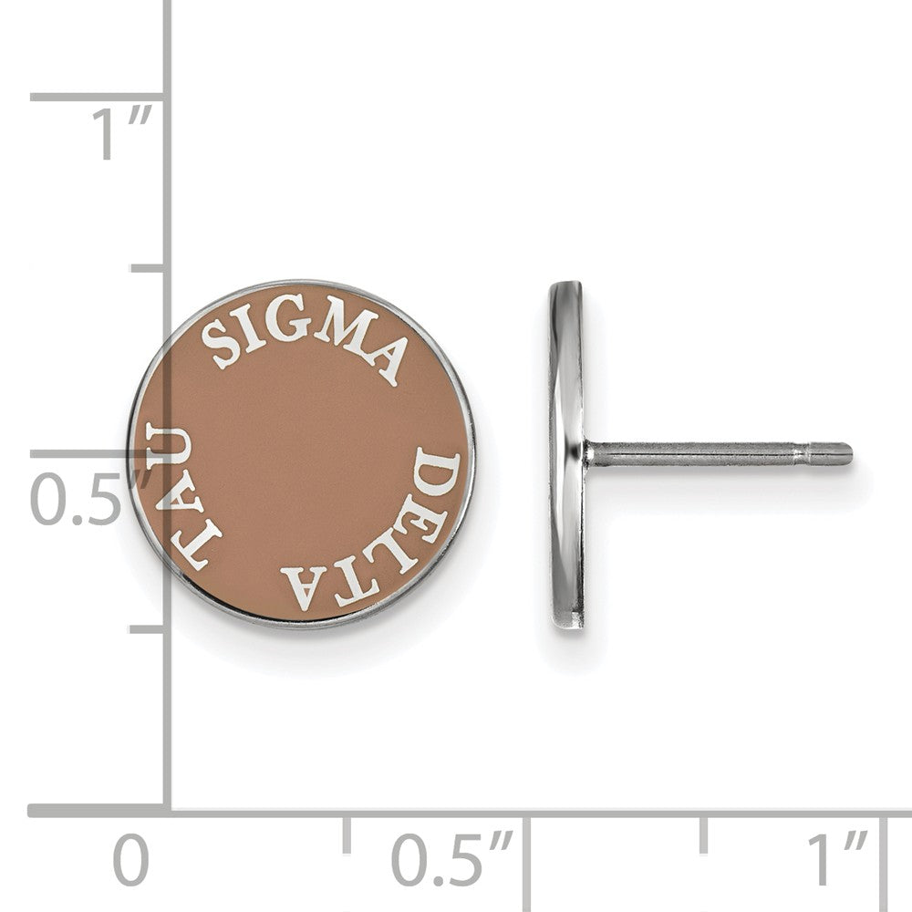 Alternate view of the Sterling Silver Sigma Delta Tau Enamel Disc Post Earrings by The Black Bow Jewelry Co.
