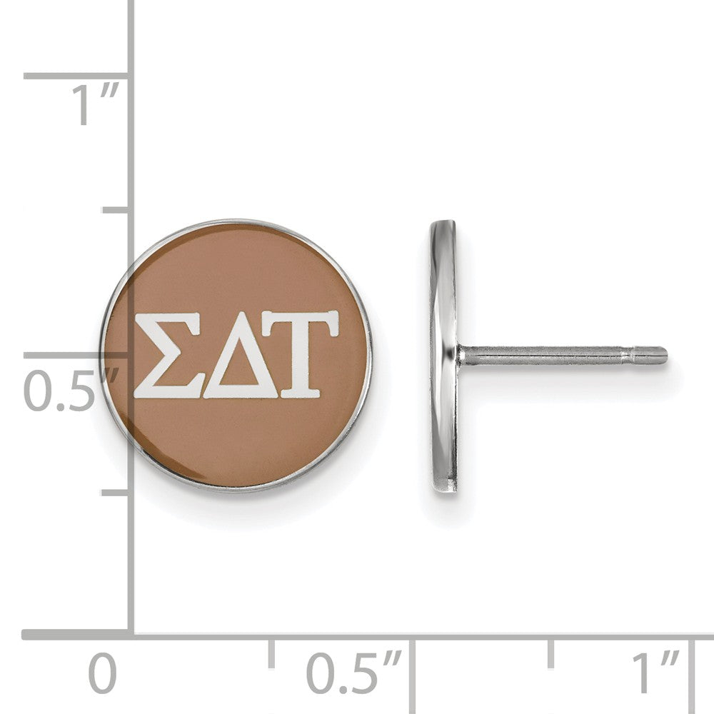 Alternate view of the Sterling Silver Sigma Delta Tau Brown Enamel Disc Post Earrings by The Black Bow Jewelry Co.