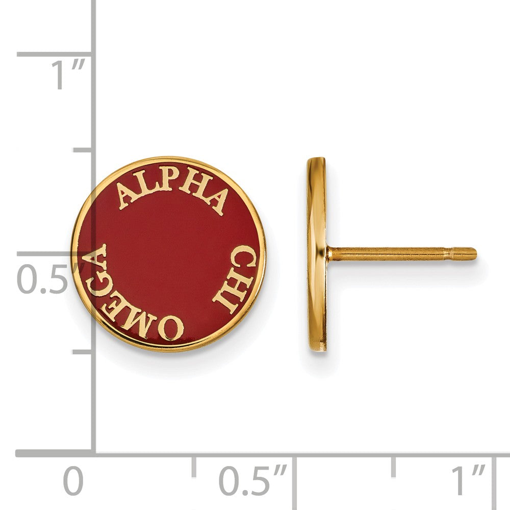 Alternate view of the 14K Plated Silver Alpha Chi Omega Enamel Disc Post Earrings by The Black Bow Jewelry Co.