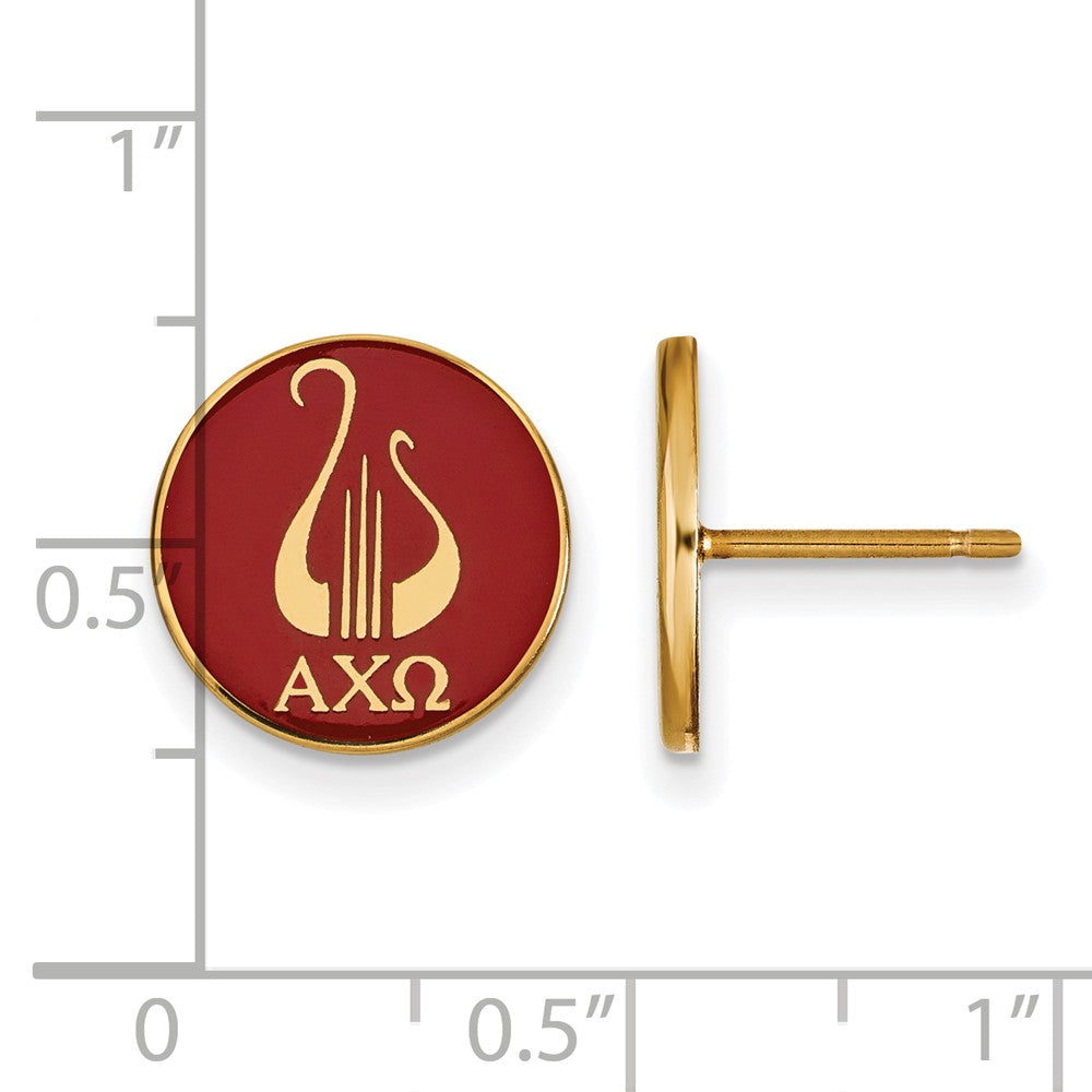Alternate view of the 14K Plated Silver Alpha Chi Omega Enamel Lyre Disc Post Earrings by The Black Bow Jewelry Co.
