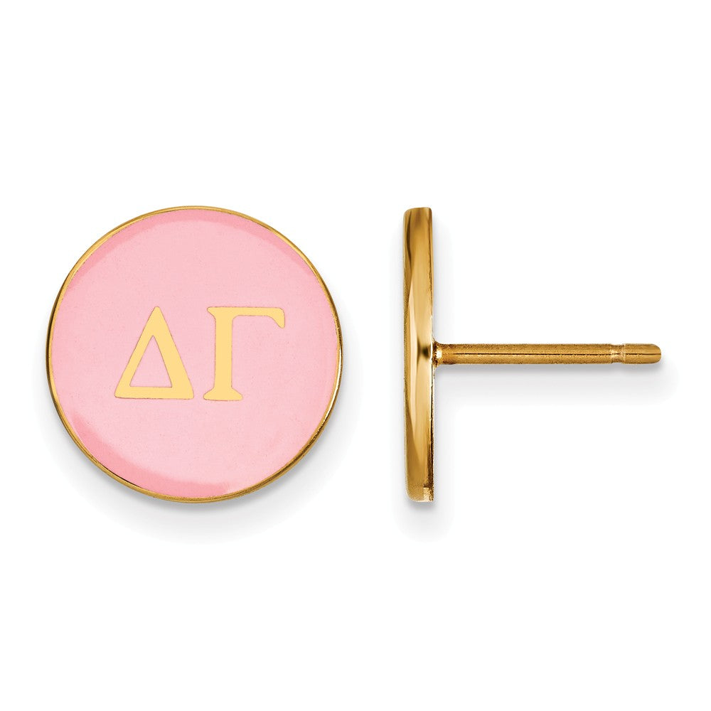 14K Plated Silver Delta Gamma Pink Enamel Disc Post Earrings, Item E17306 by The Black Bow Jewelry Co.