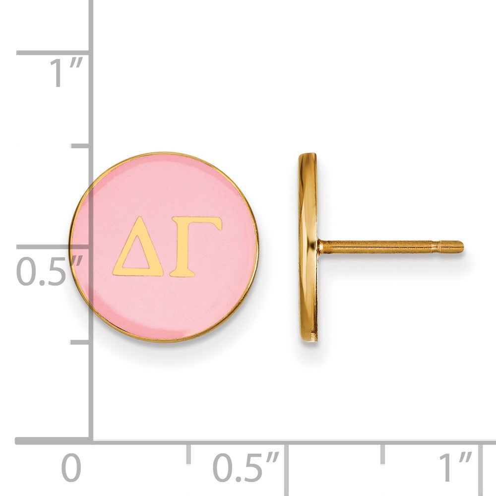Alternate view of the 14K Plated Silver Delta Gamma Pink Enamel Disc Post Earrings by The Black Bow Jewelry Co.
