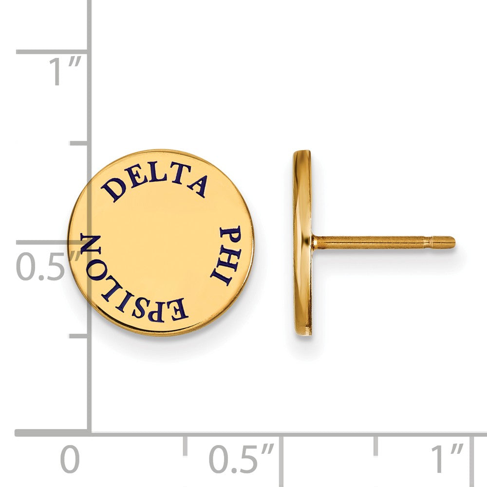 Alternate view of the 14K Plated Silver Delta Phi Epsilon Blue Enamel Post Earrings by The Black Bow Jewelry Co.