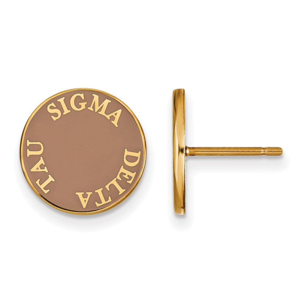 14K Plated Silver Sigma Delta Tau Enamel Disc Post Earrings, Item E17373 by The Black Bow Jewelry Co.