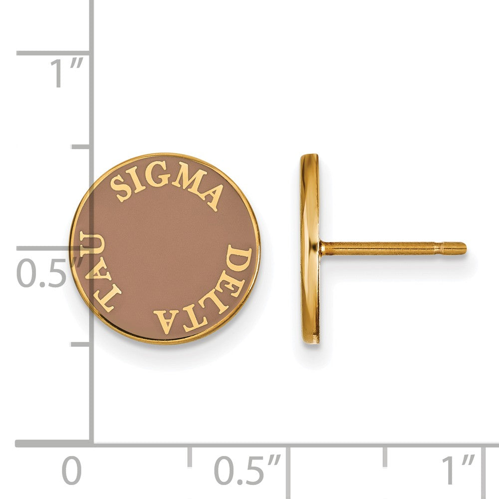 Alternate view of the 14K Plated Silver Sigma Delta Tau Enamel Disc Post Earrings by The Black Bow Jewelry Co.