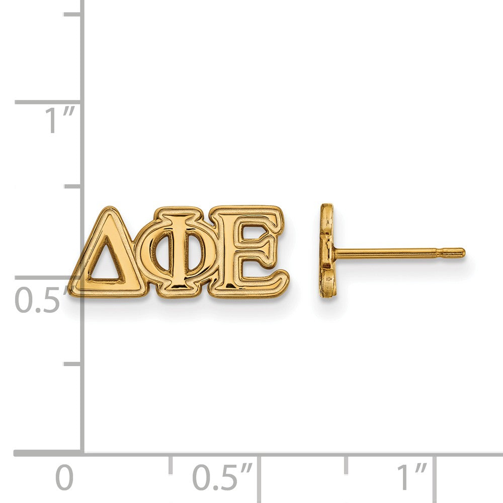 Alternate view of the 14K Plated Silver Delta Phi Epsilon XS Greek Letters Post Earrings by The Black Bow Jewelry Co.