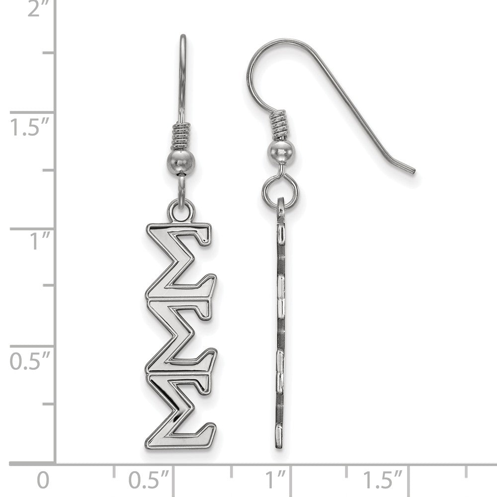 Alternate view of the Sterling Silver Sigma Sigma Sigma Dangle Medium Earrings by The Black Bow Jewelry Co.