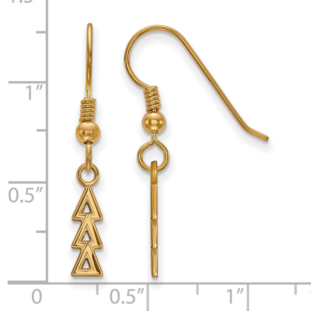 Alternate view of the 14K Plated Silver Small Delta Delta Delta Dangle Earrings by The Black Bow Jewelry Co.