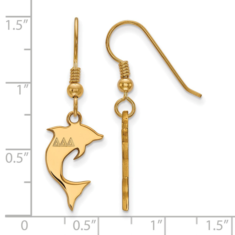 Alternate view of the 14K Plated Silver Delta Delta Delta Small Dangle Earrings by The Black Bow Jewelry Co.