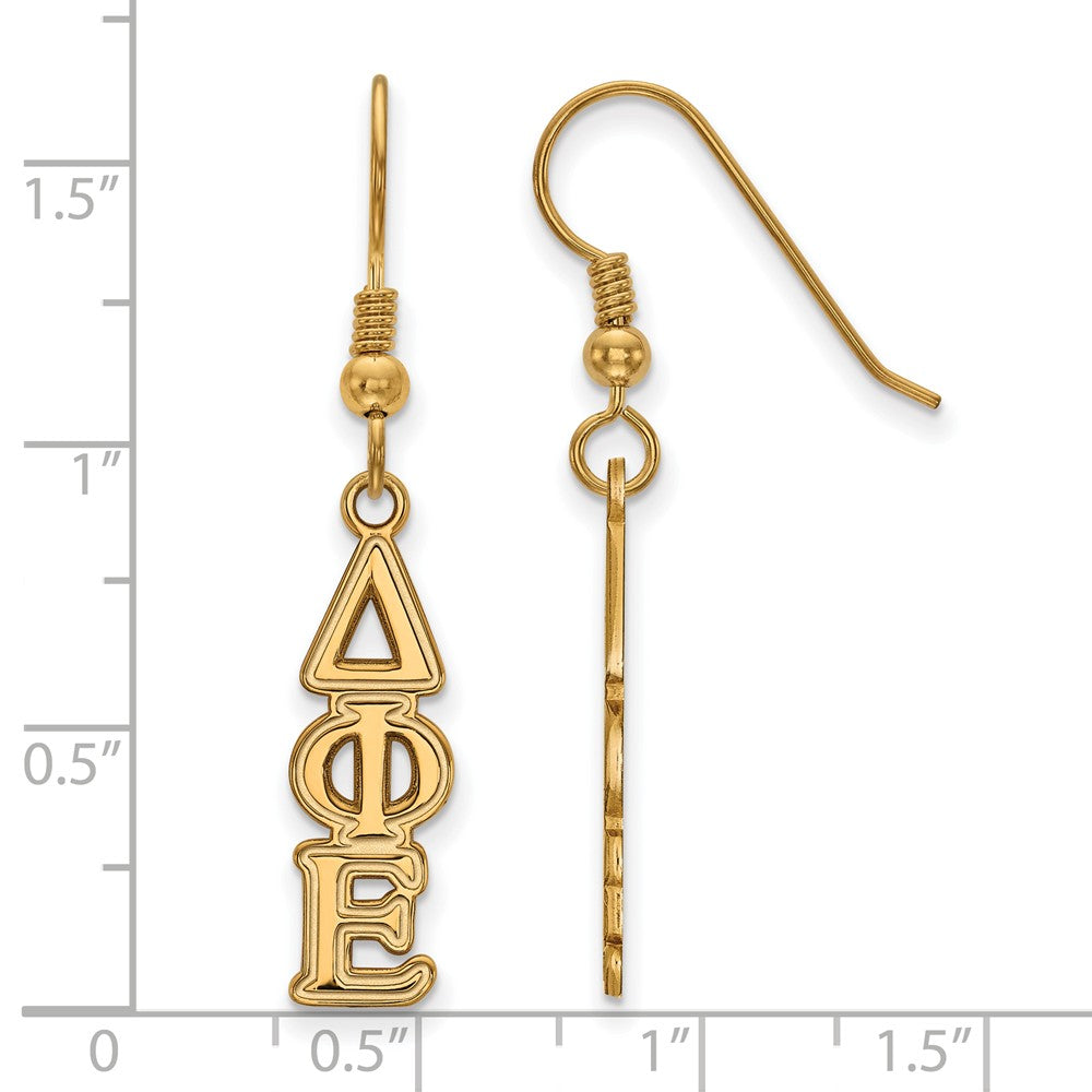 Alternate view of the 14K Plated Silver Delta Phi Epsilon Dangle Small Earrings by The Black Bow Jewelry Co.