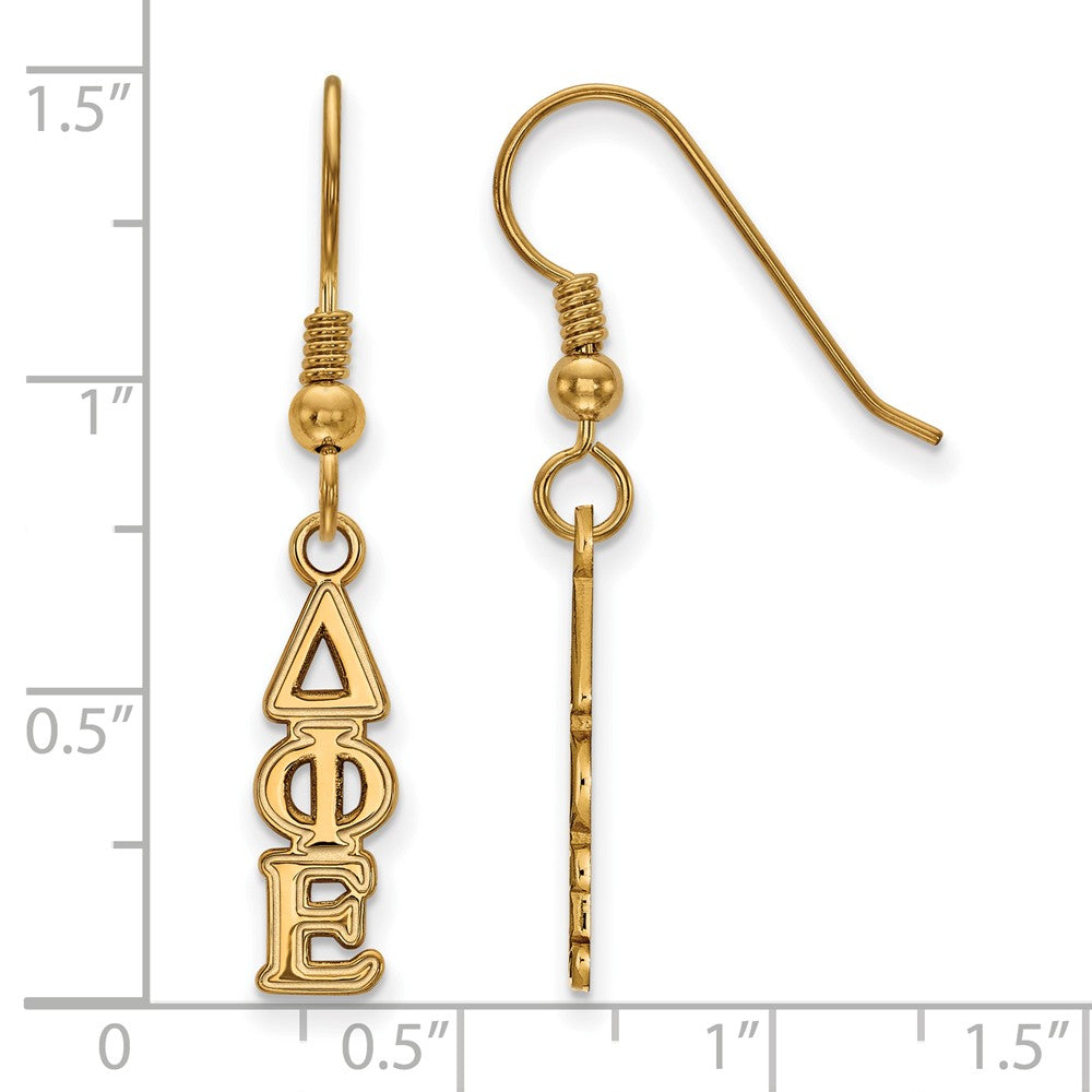 Alternate view of the 14K Plated Silver Delta Phi Epsilon XS Dangle Earrings by The Black Bow Jewelry Co.