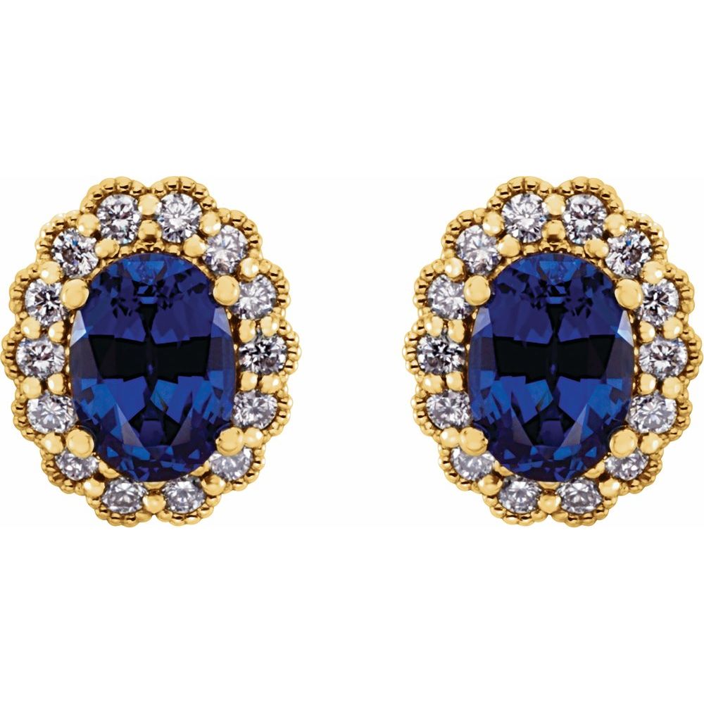 Alternate view of the 14k Yellow Gold Lab Created Sapphire &amp; 1/3CTW Diamond Earrings, 9x11mm by The Black Bow Jewelry Co.