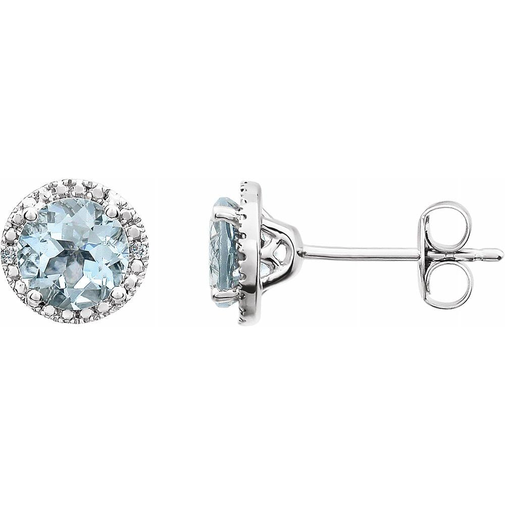 Alternate view of the Sterling Silver, Aquamarine, .01CTW Diamond 8mm Halo Style Earrings by The Black Bow Jewelry Co.