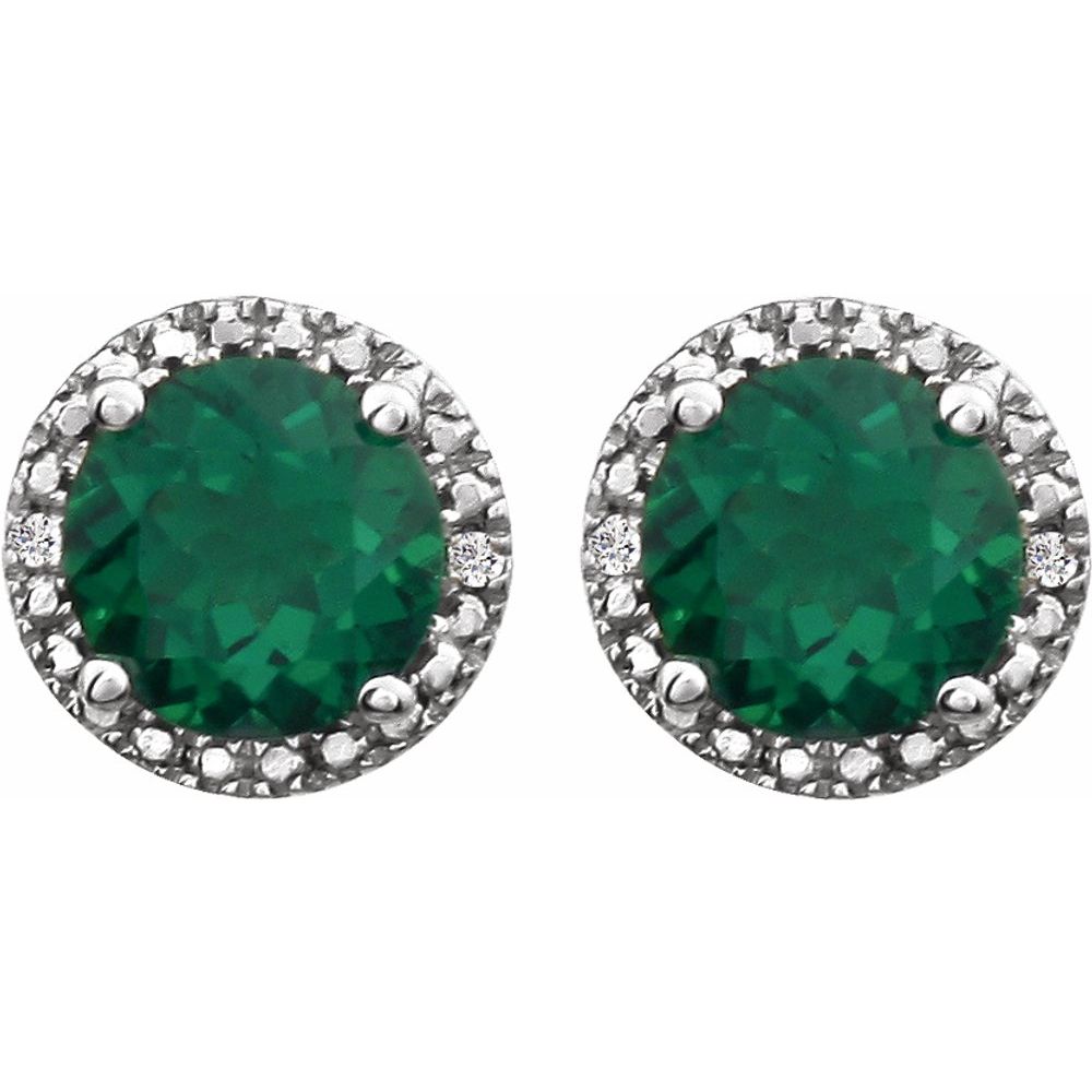 Sterling Silver, Lab Created Emerald &amp; Diamond 8mm Halo Earrings, Item E17669-CE by The Black Bow Jewelry Co.