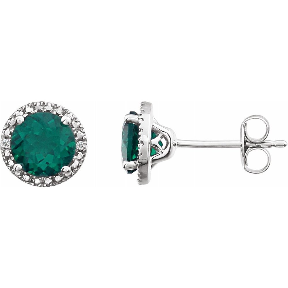 Alternate view of the Sterling Silver, Lab Created Emerald &amp; Diamond 8mm Halo Earrings by The Black Bow Jewelry Co.