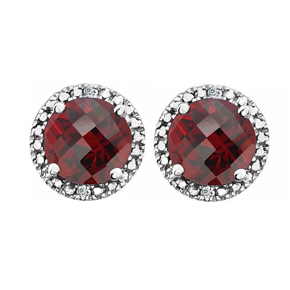 Sterling Silver, Garnet &amp; .01 CTW Diamond 8mm Halo Style Earrings, Item E17669-CG by The Black Bow Jewelry Co.