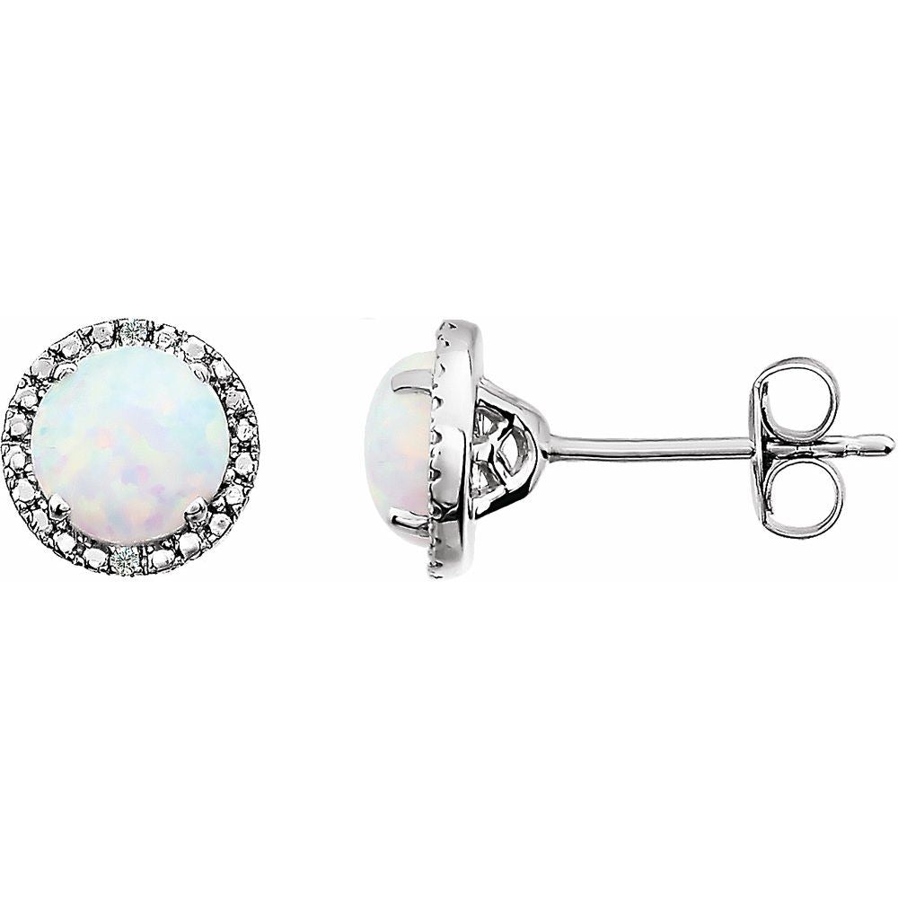 Alternate view of the Sterling Silver, Lab Created Opal &amp; Diamond 8mm Halo Style Earrings by The Black Bow Jewelry Co.