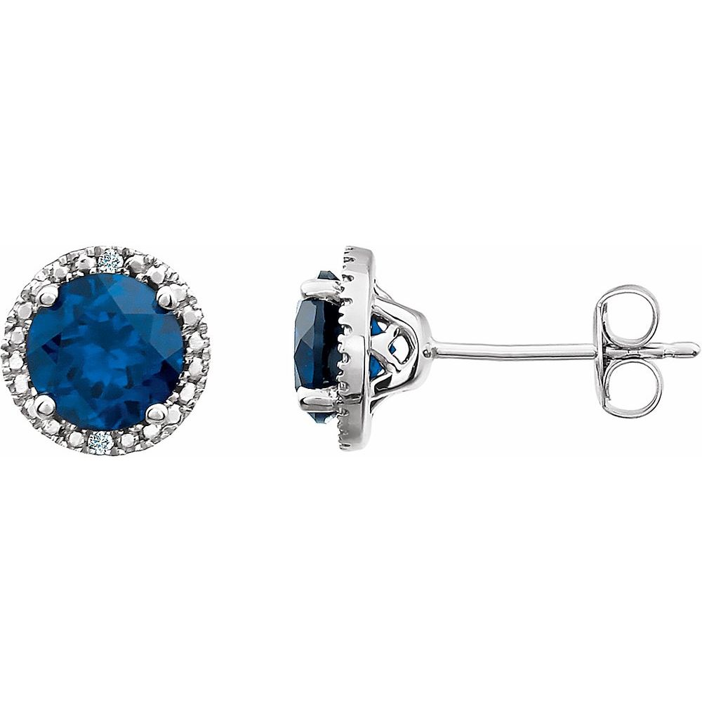 Alternate view of the Sterling Silver, Created Blue Sapphire &amp; Diamond 8mm Halo Earrings by The Black Bow Jewelry Co.