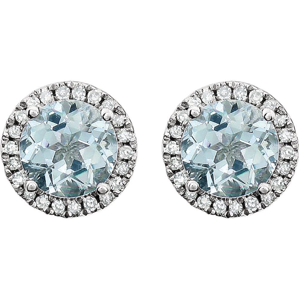 8mm Halo Style Aquamarine &amp; Diamond Earrings in 14k White Gold, Item E17679 by The Black Bow Jewelry Co.