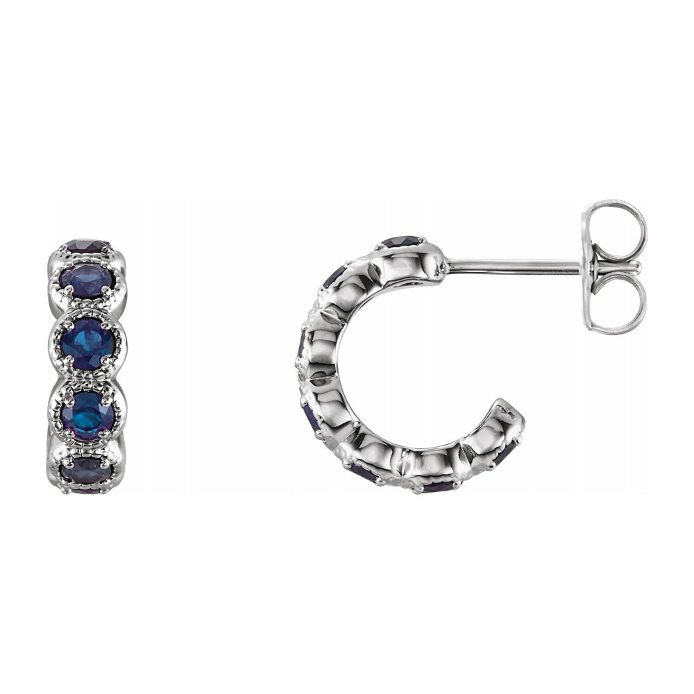 14K White Gold Blue Sapphire Small J Hoop Earrings, 4 x 12mm, Item E18491-BS by The Black Bow Jewelry Co.