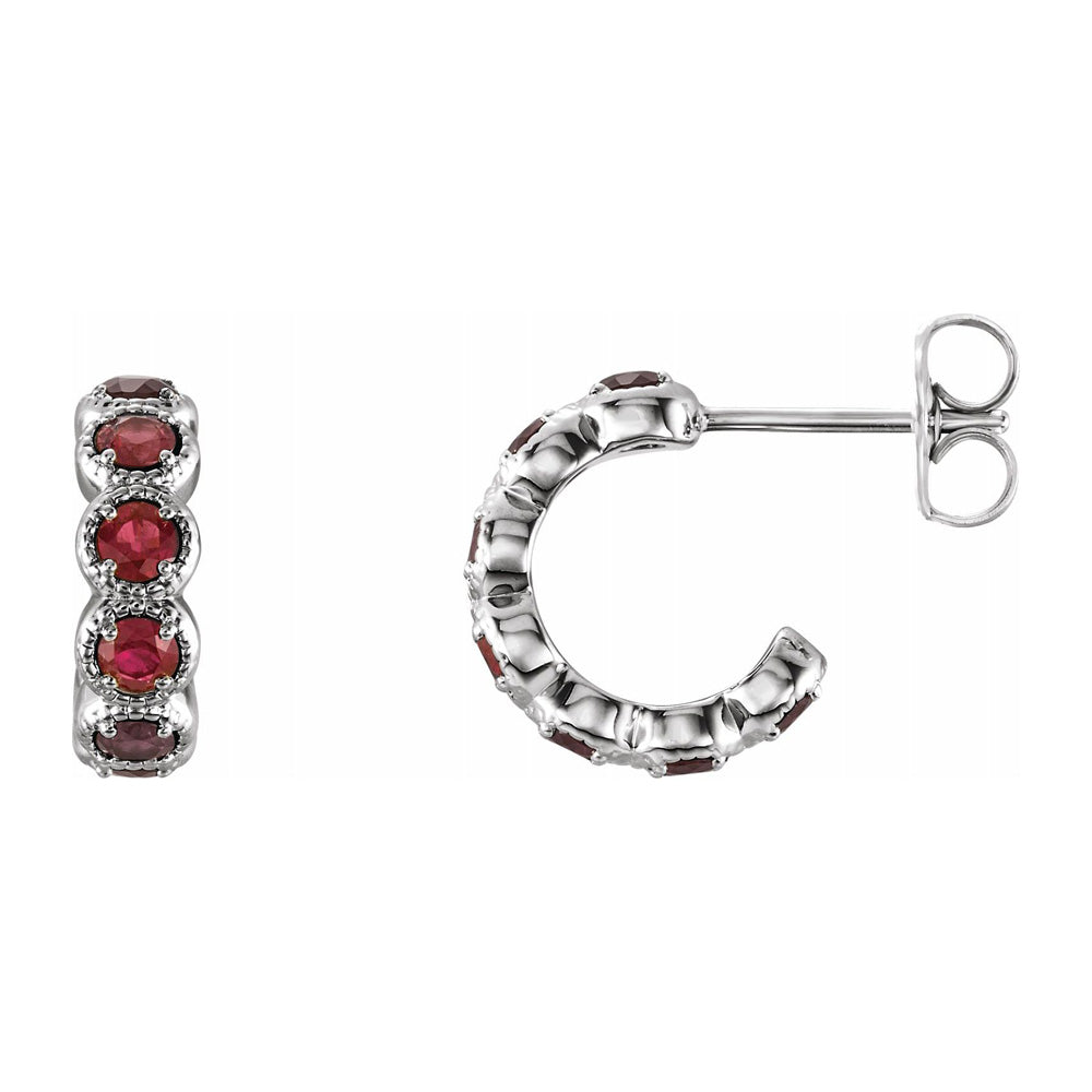 14K White Gold Mozambique Garnet Small J Hoop Earrings, 4 x 12mm, Item E18491-GA by The Black Bow Jewelry Co.