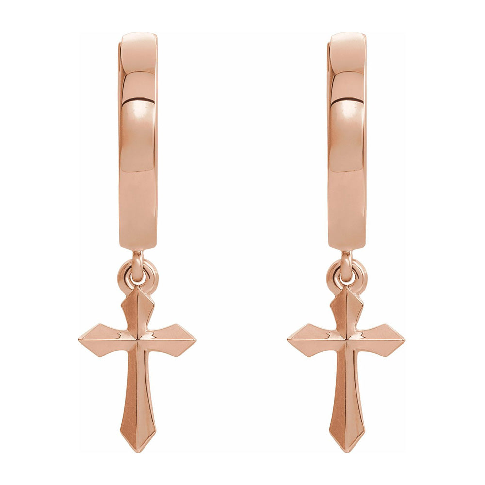Alternate view of the 14K Rose Gold Cross Drop Hoop Earrings, 14 x 26mm by The Black Bow Jewelry Co.