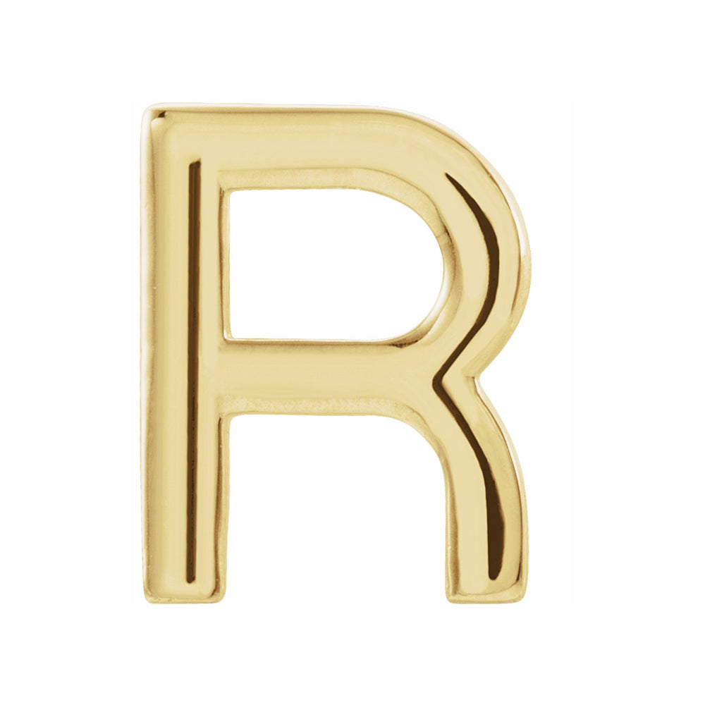 Single, 14k Yellow Gold Initial R Post Earring, 6.25 x 8mm, Item E18498-R by The Black Bow Jewelry Co.
