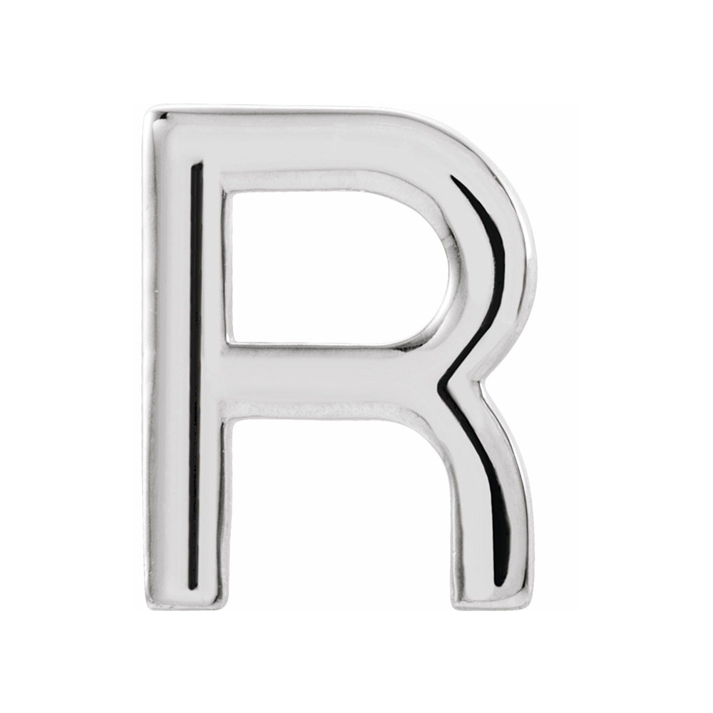Single, 14k White Gold Initial R Post Earring, 6.25 x 8mm, Item E18499-R by The Black Bow Jewelry Co.