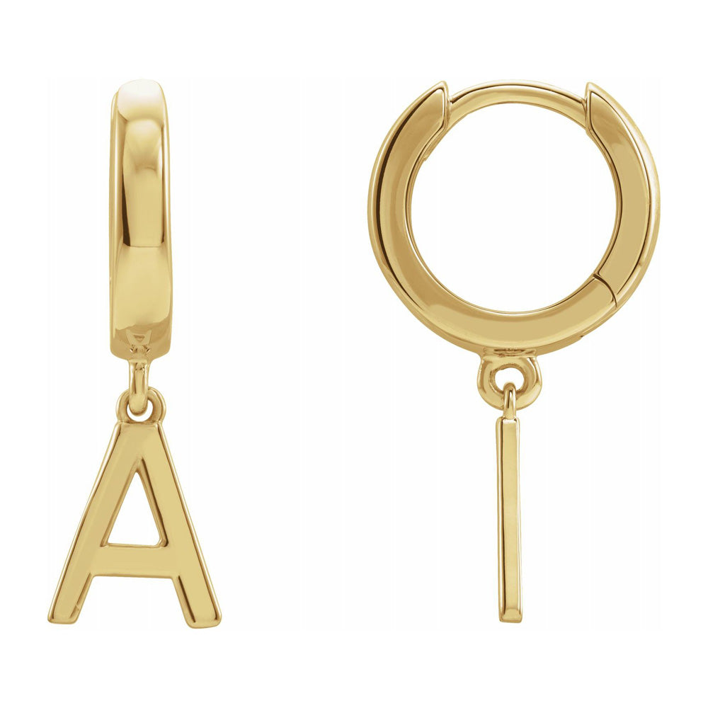 Single, 14k Yellow Gold Initial A Dangle Hoop Earring, 7 x 21mm, Item E18501-A by The Black Bow Jewelry Co.