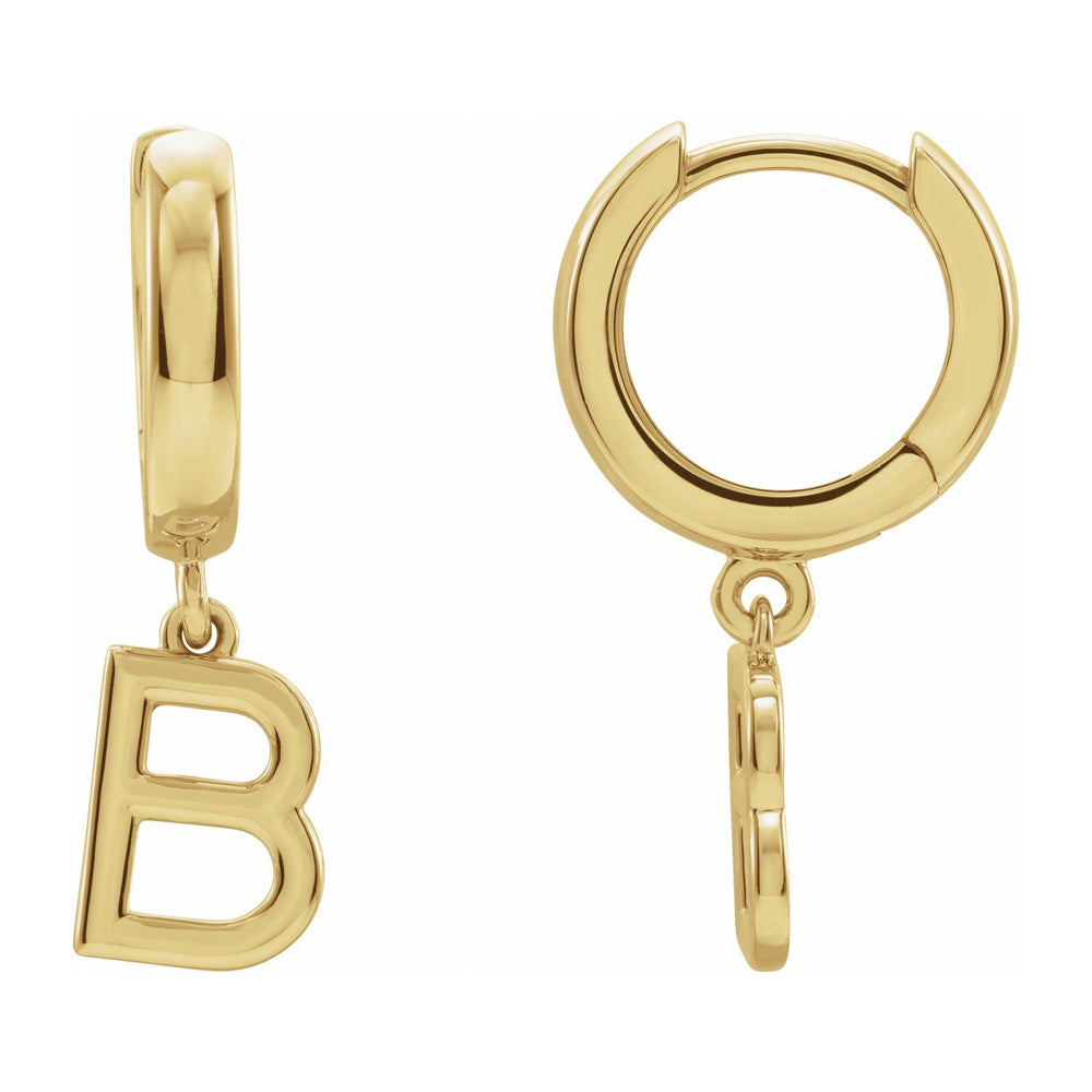 Single, 14k Yellow Gold Initial B Dangle Hoop Earring, 6 x 21mm, Item E18501-B by The Black Bow Jewelry Co.