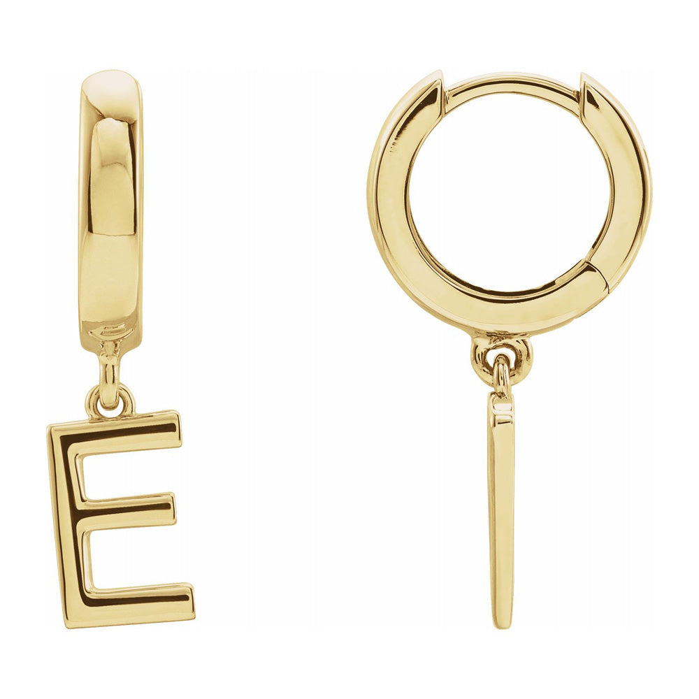 Single, 14k Yellow Gold Initial E Dangle Hoop Earring, 5.25 x 21mm, Item E18501-E by The Black Bow Jewelry Co.