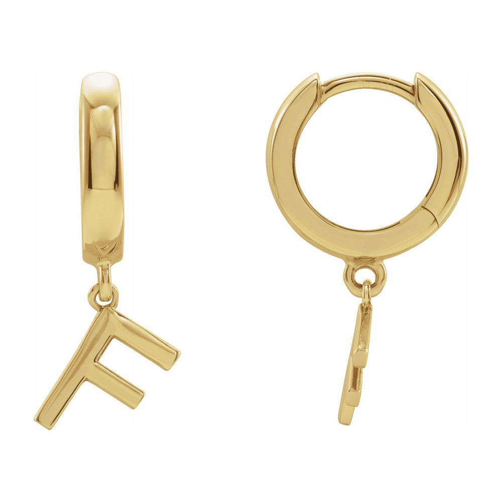 Single, 14k Yellow Gold Initial F Dangle Hoop Earring, 6.5 x 21mm, Item E18501-F by The Black Bow Jewelry Co.