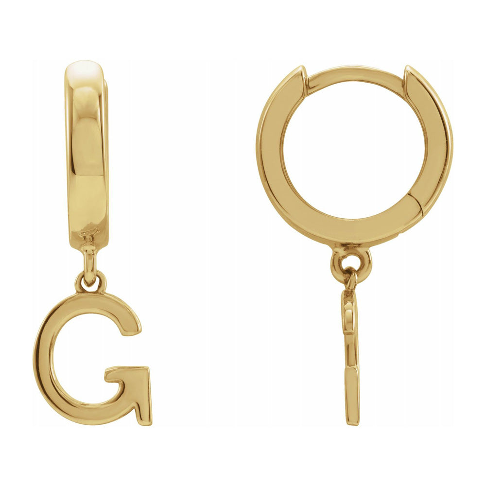 Single, 14k Yellow Gold Initial G Dangle Hoop Earring, 7.25 x 21mm, Item E18501-G by The Black Bow Jewelry Co.