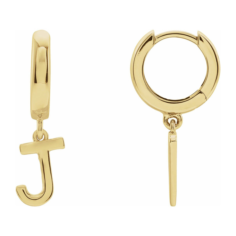 Single, 14k Yellow Gold Initial J Dangle Hoop Earring, 7 x 21mm, Item E18501-J by The Black Bow Jewelry Co.