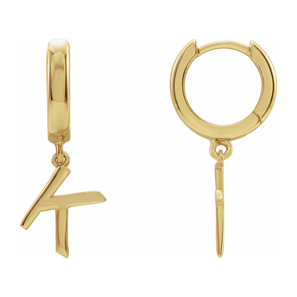 Single, 14k Yellow Gold Initial K Dangle Hoop Earring, 7.5 x 21mm, Item E18501-K by The Black Bow Jewelry Co.