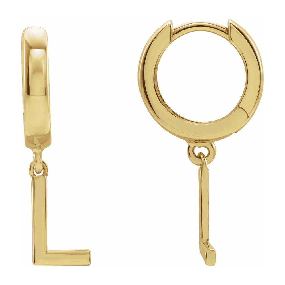 Single, 14k Yellow Gold Initial L Dangle Hoop Earring, 5.5 x 21mm, Item E18501-L by The Black Bow Jewelry Co.