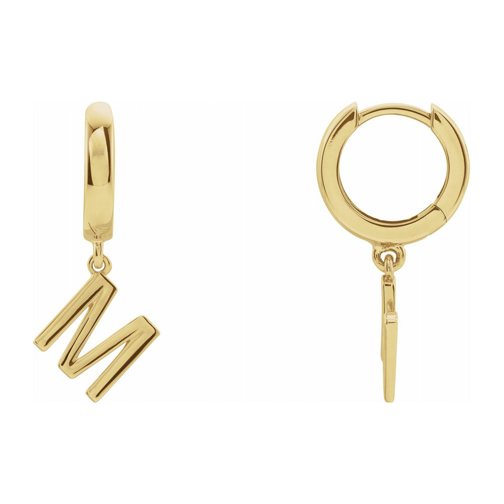 Single, 14k Yellow Gold Initial M Dangle Hoop Earring, 8.5 x 21mm, Item E18501-M by The Black Bow Jewelry Co.