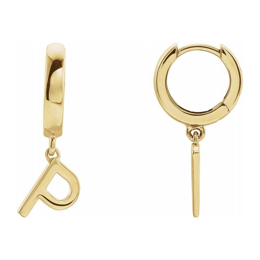 Single, 14k Yellow Gold Initial P Dangle Hoop Earring, 7 x 21mm, Item E18501-P by The Black Bow Jewelry Co.