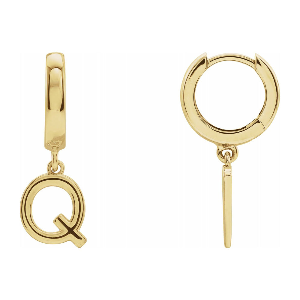 Single, 14k Yellow Gold Initial Q Dangle Hoop Earring, 7.75 x 21mm, Item E18501-Q by The Black Bow Jewelry Co.