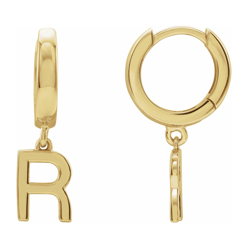 Single, 14k Yellow Gold Initial R Dangle Hoop Earring, 6.25 x 21mm, Item E18501-R by The Black Bow Jewelry Co.