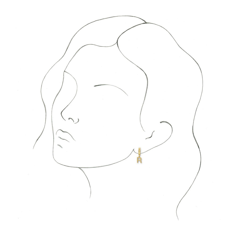 Alternate view of the Single, 14k Yellow Gold Initial R Dangle Hoop Earring, 6.25 x 21mm by The Black Bow Jewelry Co.