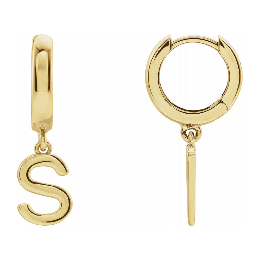 Single, 14k Yellow Gold Initial S Dangle Hoop Earring, 6 x 21mm, Item E18501-S by The Black Bow Jewelry Co.