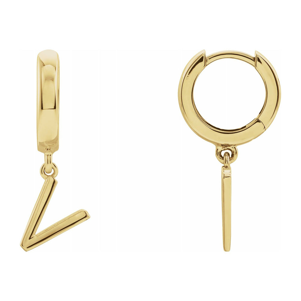Single, 14k Yellow Gold Initial V Dangle Hoop Earring, 7.5 x 21mm, Item E18501-V by The Black Bow Jewelry Co.