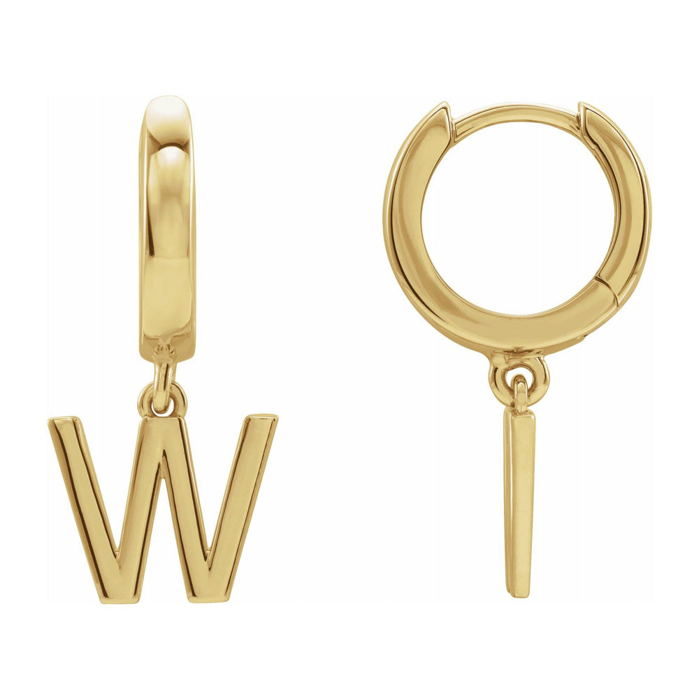 Single, 14k Yellow Gold Initial W Dangle Hoop Earring, 9.5 x 21mm, Item E18501-W by The Black Bow Jewelry Co.
