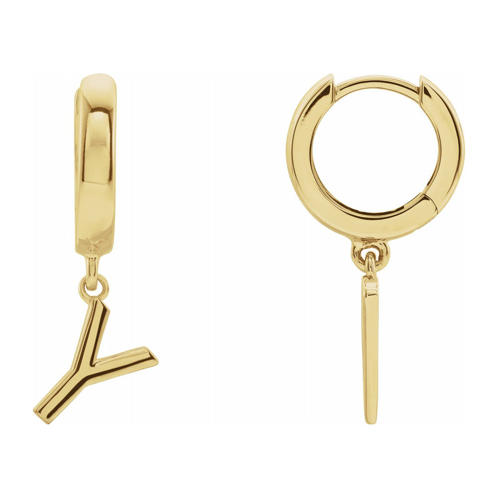 Single, 14k Yellow Gold Initial Y Dangle Hoop Earring, 7 x 21mm, Item E18501-Y by The Black Bow Jewelry Co.