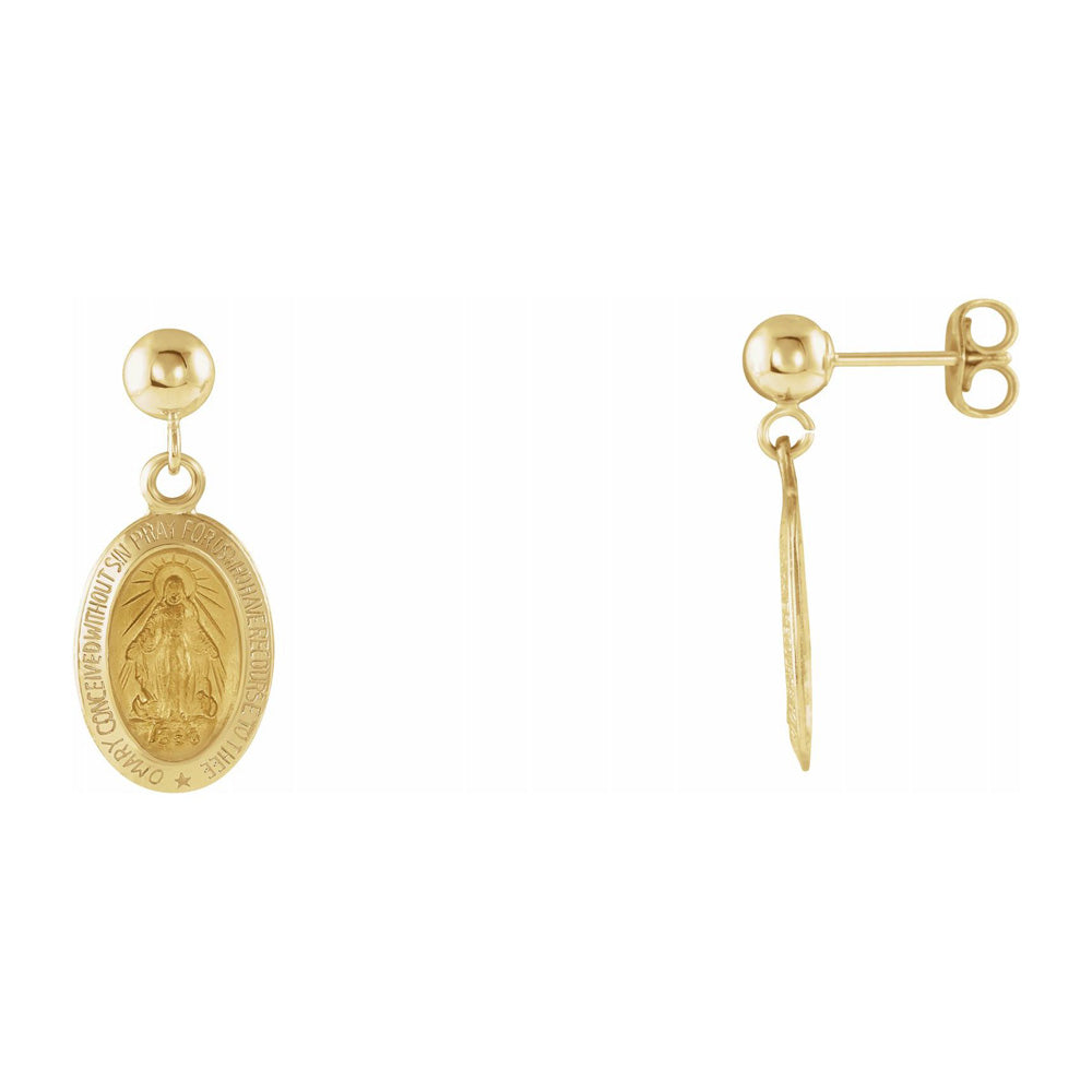 14K Yellow Gold Miraculous Medal Dangle Post Earrings, 9 x 21mm, Item E18509 by The Black Bow Jewelry Co.