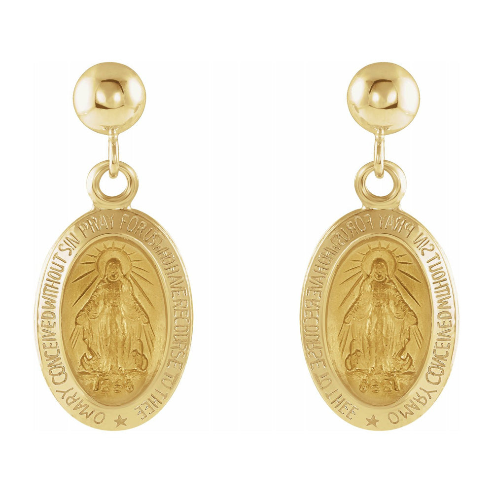 Alternate view of the 14K Yellow Gold Miraculous Medal Dangle Post Earrings, 9 x 21mm by The Black Bow Jewelry Co.